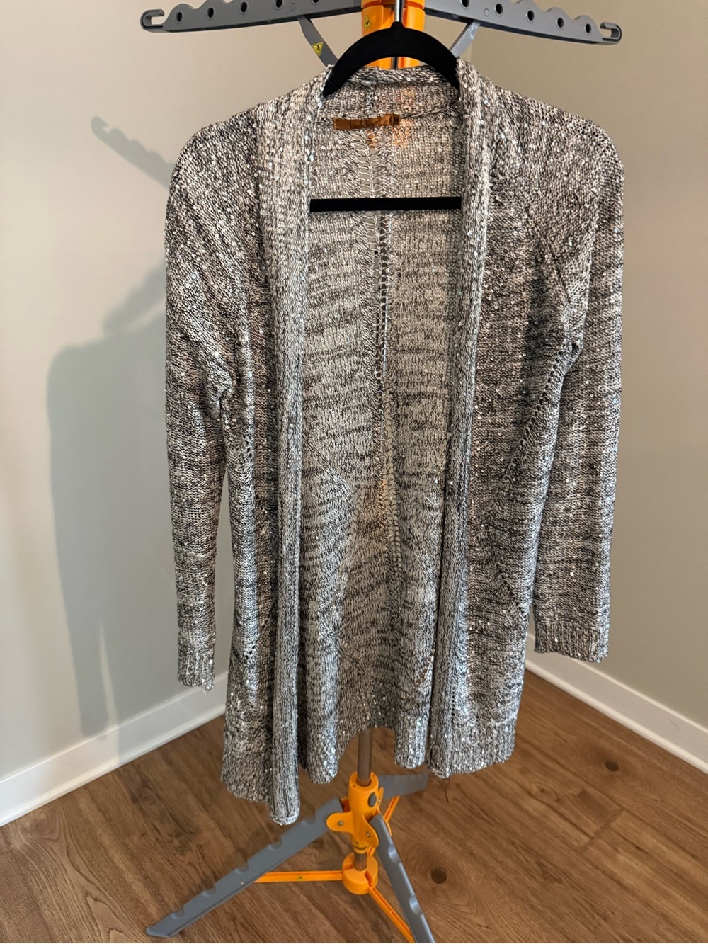 Belldini Marled Sequined Gray Open-Front Cardigan